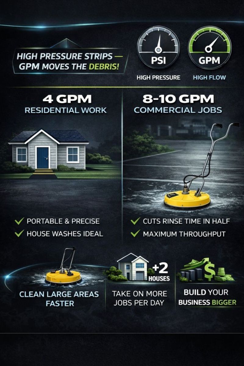 A quick visual breakdown showing why higher GPM reduces rinse time, boosts throughput, and increases daily job capacity&mdash;without working harder.